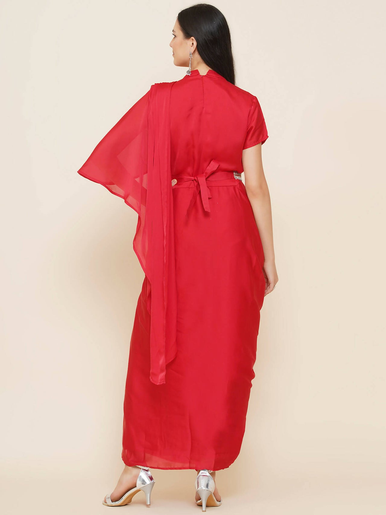 Women Republic Red Hand Embelleshed Gown With Drape - Distacart