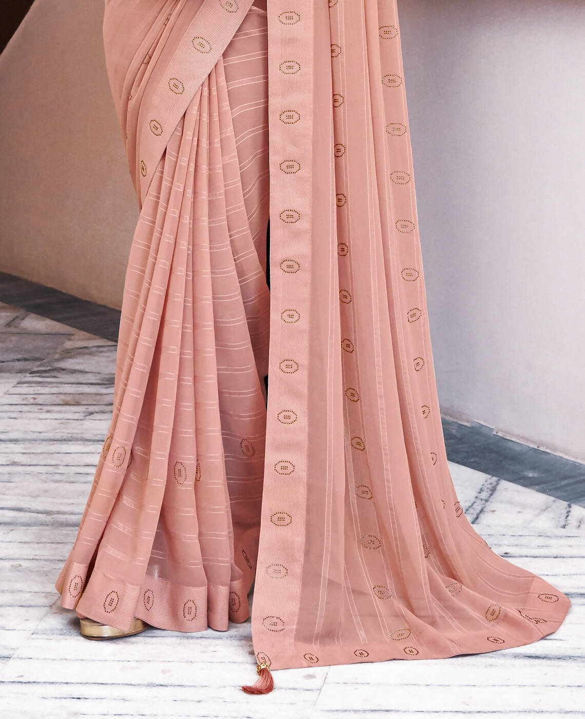 Peach Georgette Swaroski Work Saree With Unstitched Blouse Piece - Juhi - Distacart