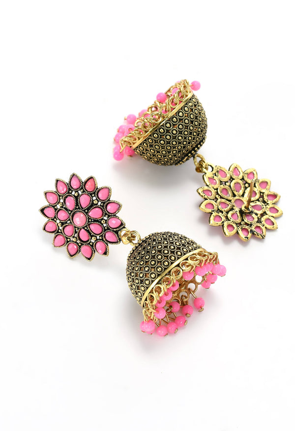 Mominos Fashion Johar Kamal Beautiful Kundan Work Jhumka With Baby Pink Beads - Distacart