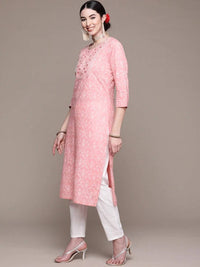 Thumbnail for Anubhutee Pink Floral Yoke Design Thread Work Pure Cotton Kurta with Trousers & With Dupatta - Distacart