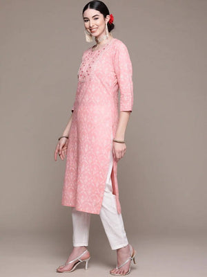 Anubhutee Pink Floral Yoke Design Thread Work Pure Cotton Kurta with Trousers & With Dupatta - Distacart