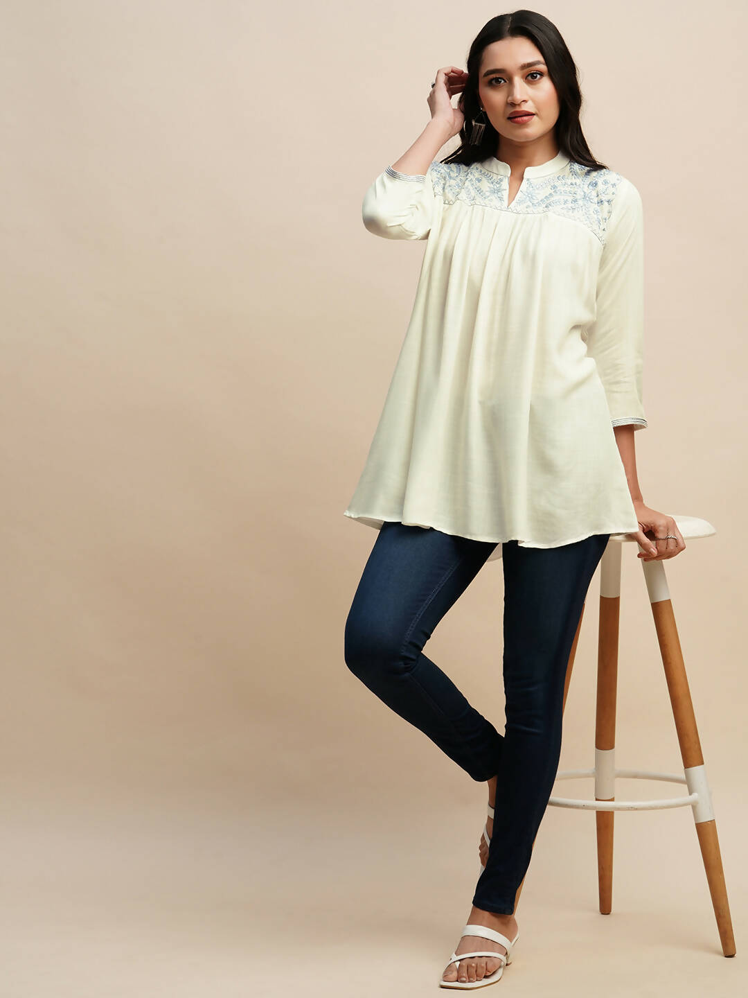 White Rayon Embroidered Top - Tarini - Distacart