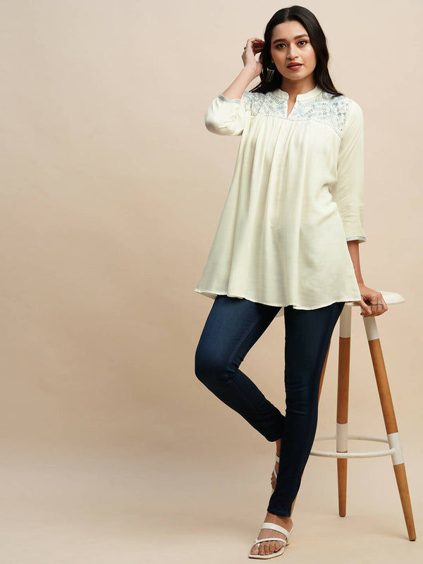 White Rayon Embroidered Top - Tarini - Distacart