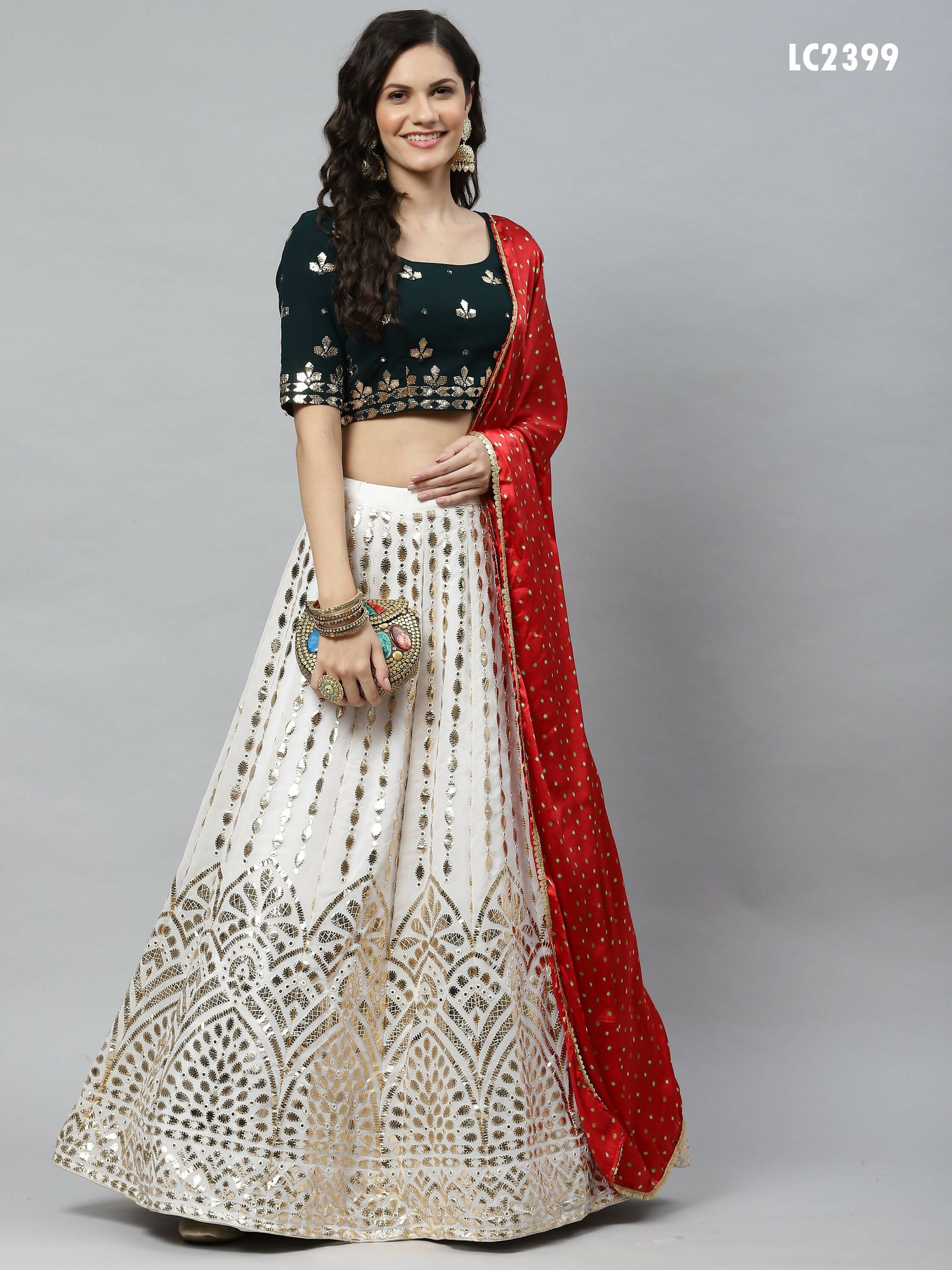 White Georgette Paper Mirror Embroidery Work Lehenga Choli with Dupatta - Jivika - Distacart