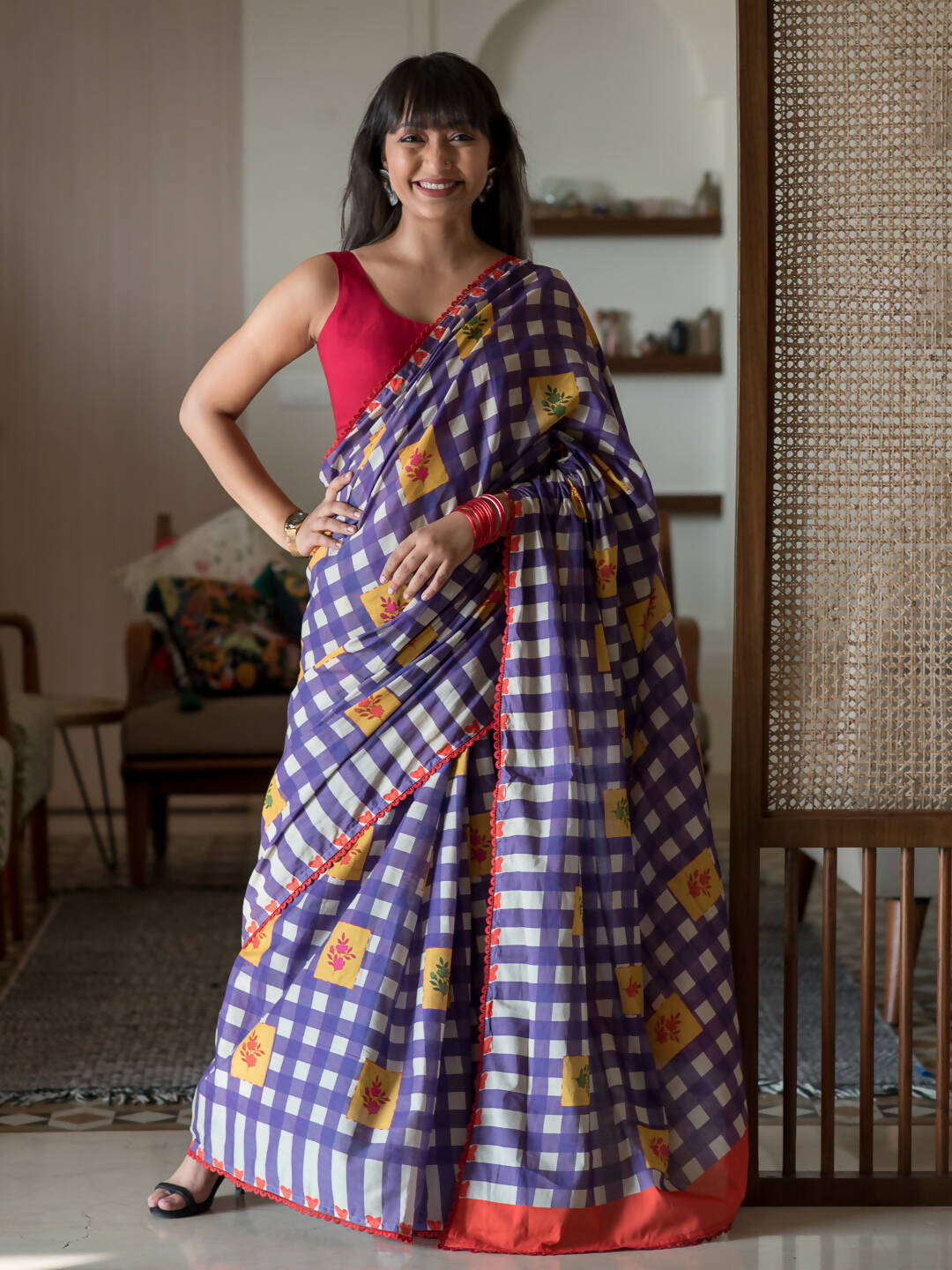 Suta Multi Color Checked Pure Cotton Saree - Distacart