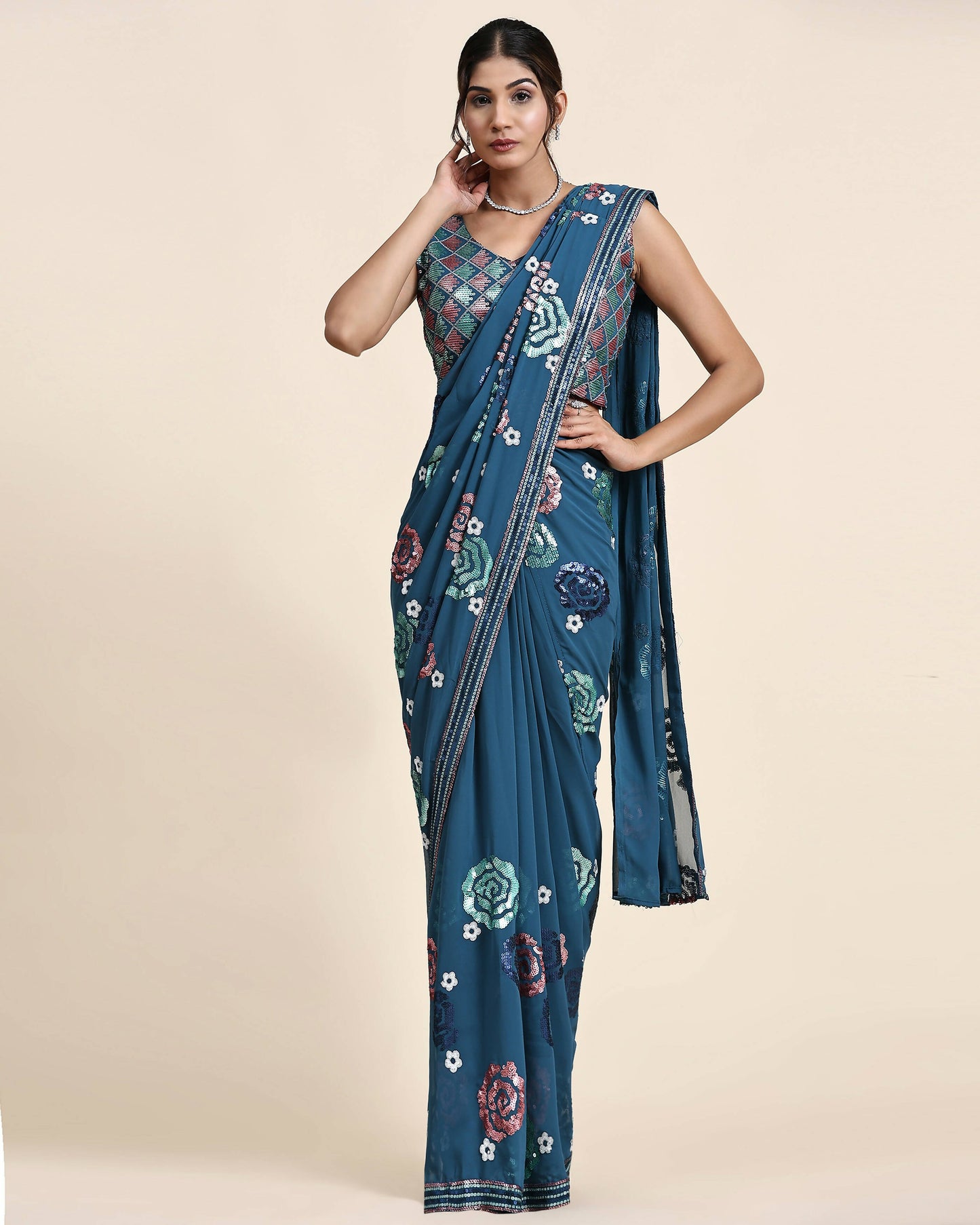 Blue Pure Georgette Sequence work Ready to wear Saree with stitched Blouse - Nirvana - Distacart
