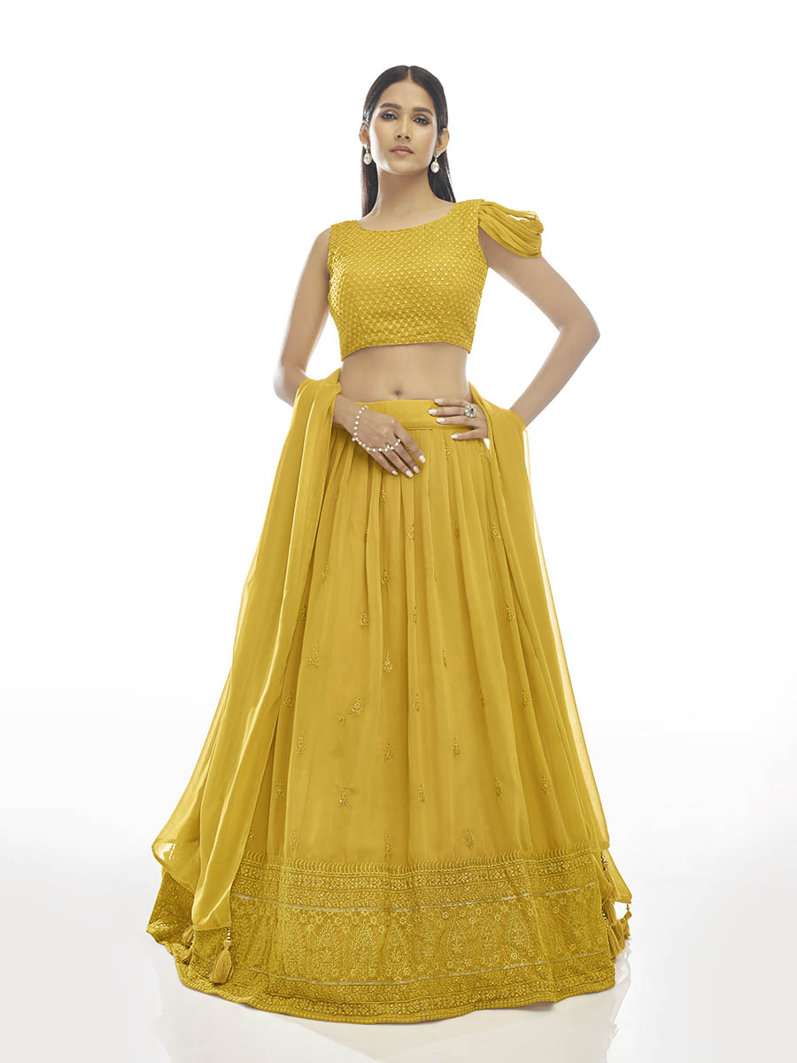 Myra Musturd Georgette Embroidered Designer Lehenga - Distacart