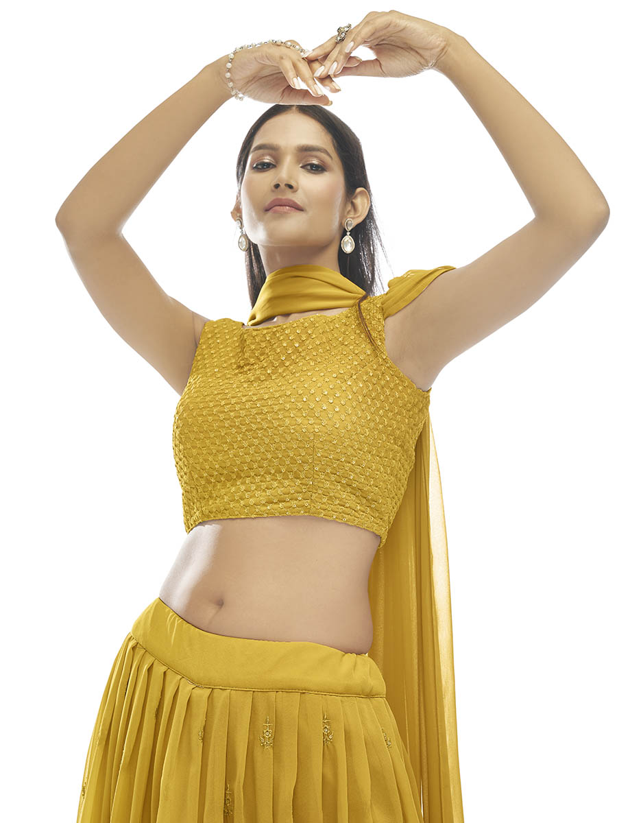 Myra Musturd Georgette Embroidered Designer Lehenga - Distacart