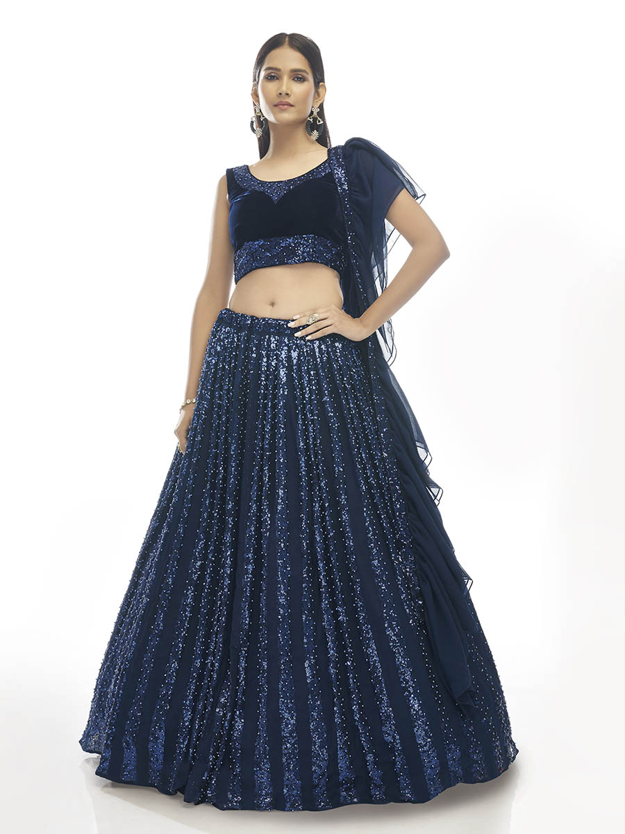 Myra Navy Blue Velvet Embroidered Designer Lehenga - Distacart