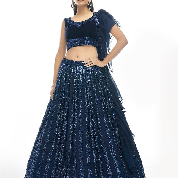 Myra Navy Blue Velvet Embroidered Designer Lehenga - Distacart