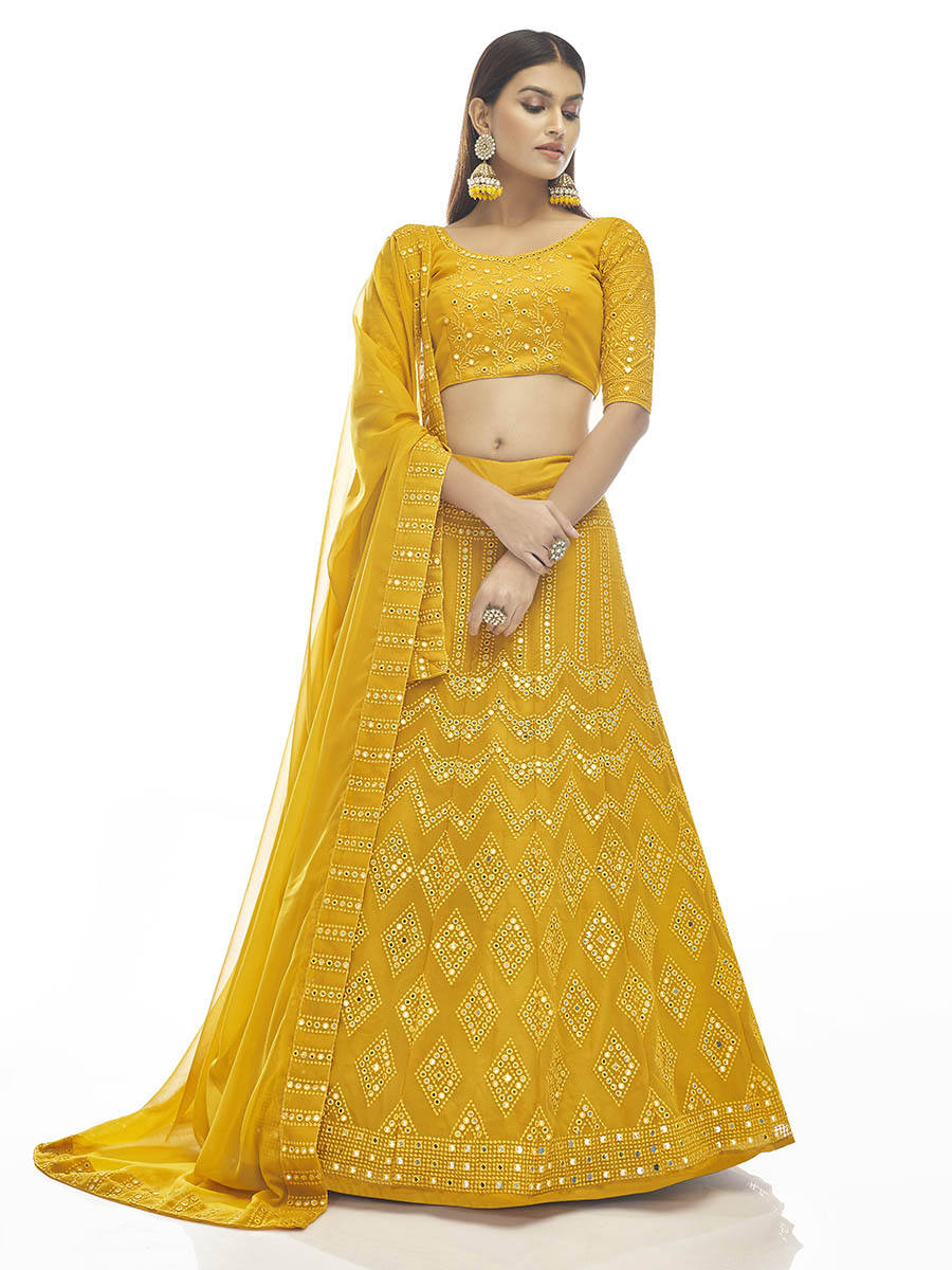 Myra Musturd Georgette Embroidered Designer Lehenga - Distacart
