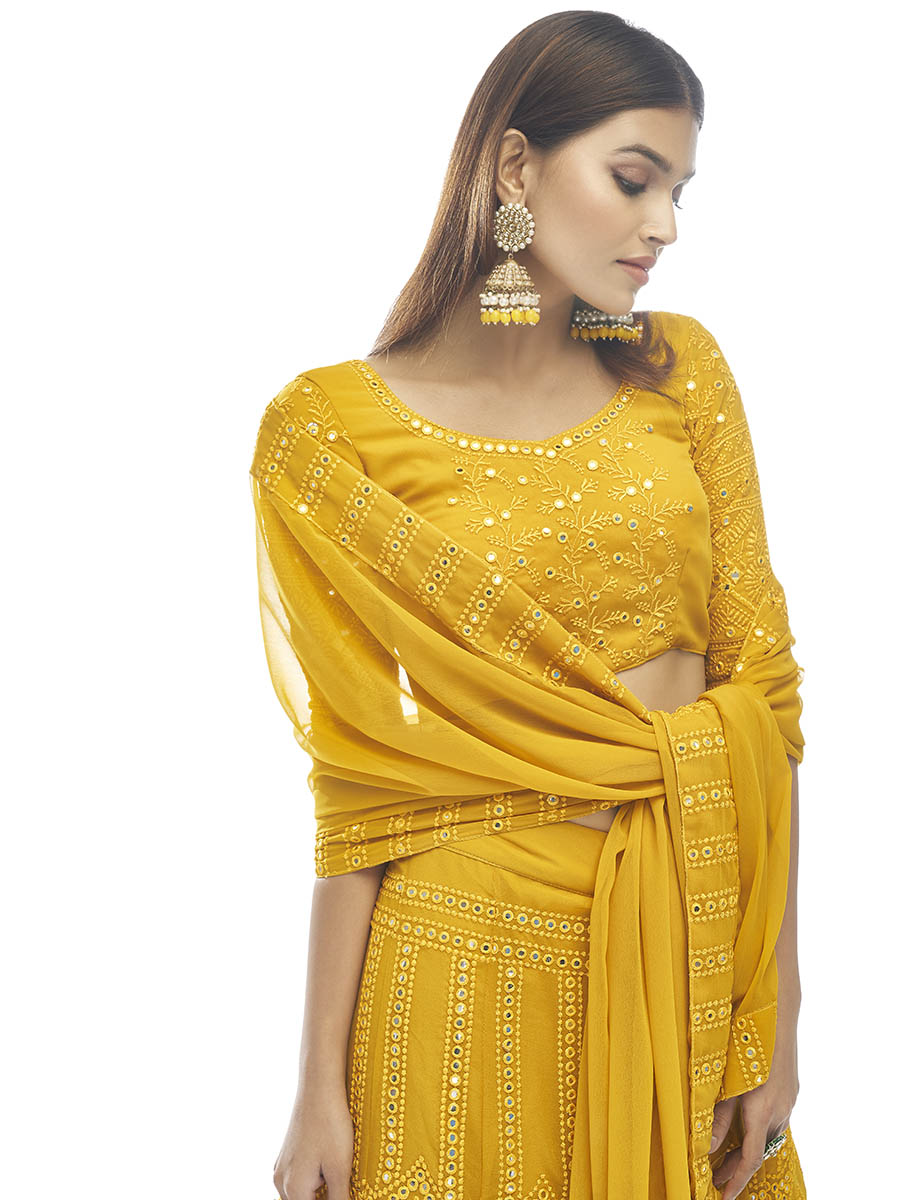 Myra Musturd Georgette Embroidered Designer Lehenga - Distacart
