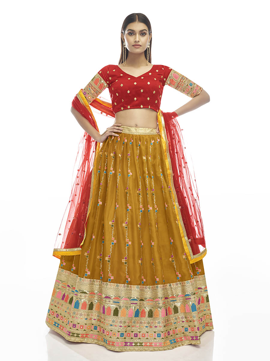 Myra Musturd Satin Georgette Embroidered Designer Lehenga - Distacart