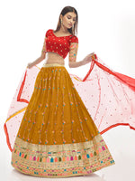 Thumbnail for Myra Musturd Satin Georgette Embroidered Designer Lehenga - Distacart