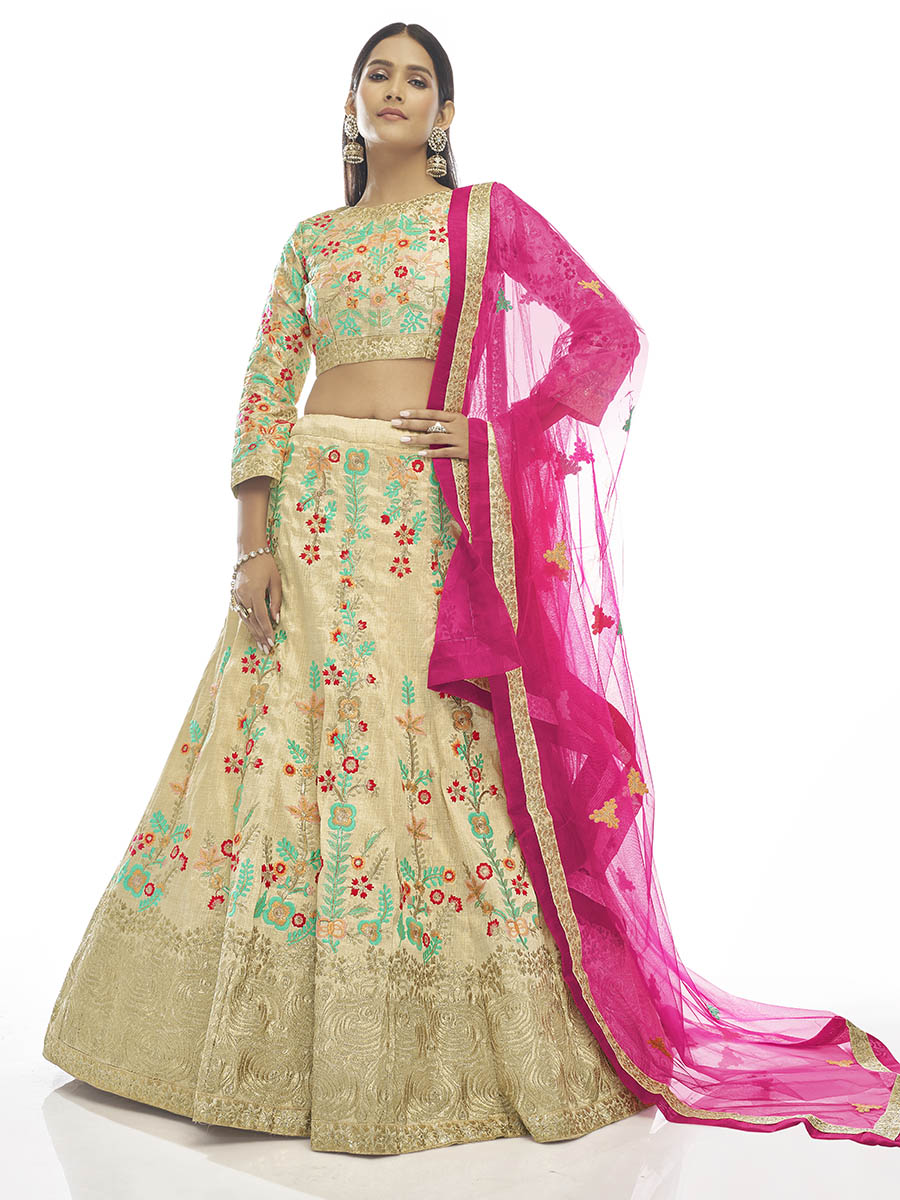 Myra Cream Art Silk Embroidered Designer Lehenga - Distacart