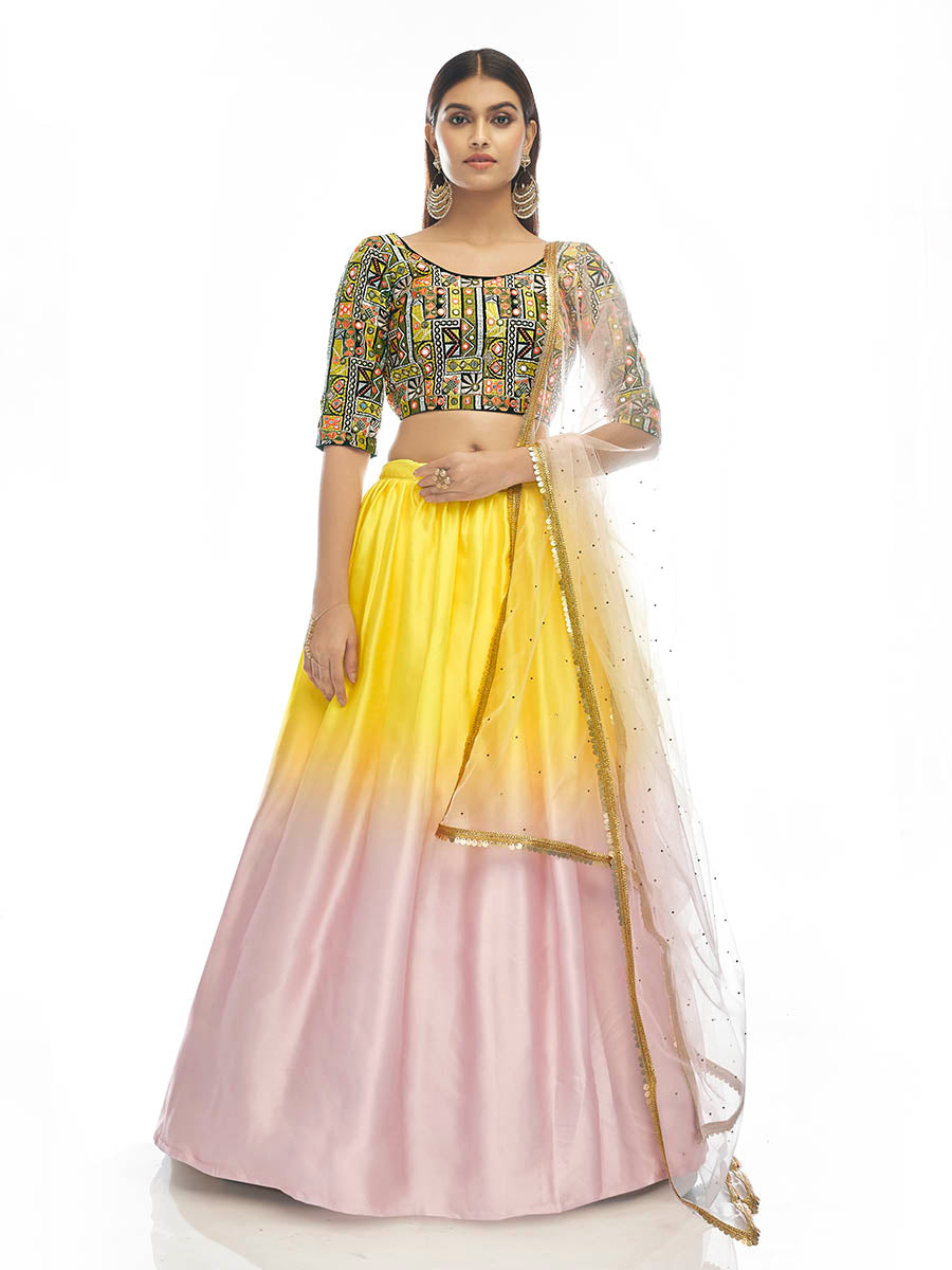 Myra Multicolour Satin Georgette Embroidered Designer Lehenga - Distacart