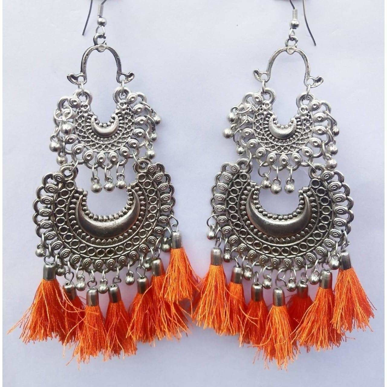 Orange Silk Threads Double Chandbali Long Afghani Earrings