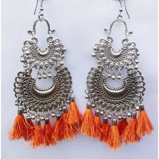 Orange Silk Threads Double Chandbali Long Afghani Earrings