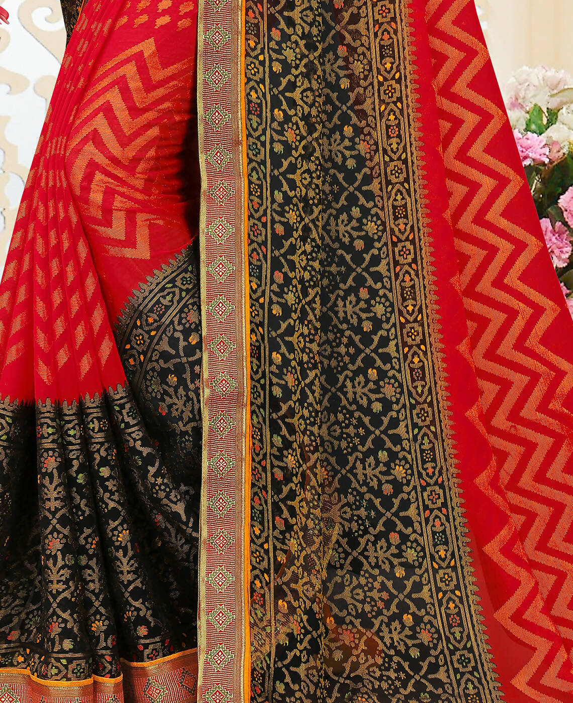Red & Black Chiffon Brasso Printed Saree With Unstitched Blouse Piece - Jyoti - Distacart