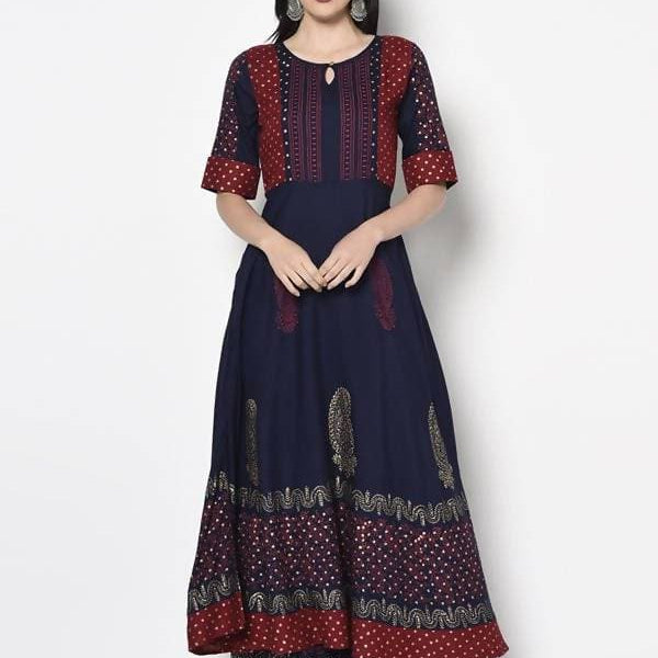 Aniyah Rayon Navy Blue Color Block Print Anarkali kurta (AN-177K)