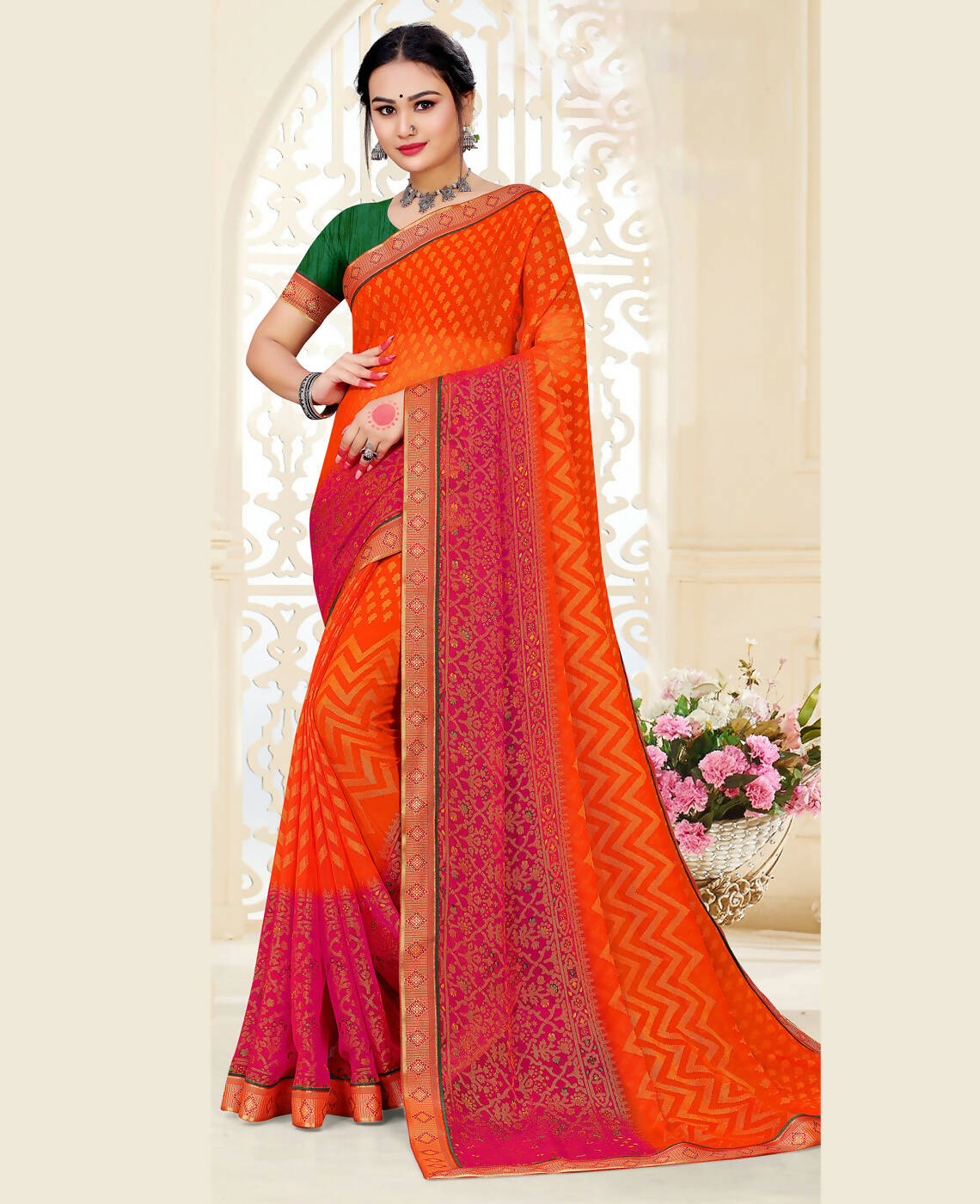 Orange & Pink Chiffon Brasso Printed Saree With Unstitched Blouse Piece - Jyoti - Distacart