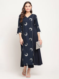 Thumbnail for Ahalyaa Women's Navy Blue Rayon Foil & Khari Print Kurta Trouser Set