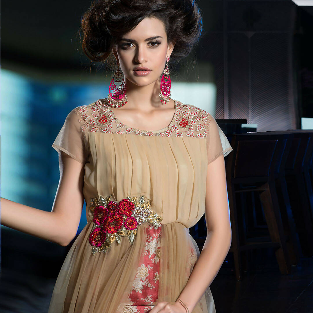 Beige Net Floral Embroidered A-line Kurti - Missy - Distacart