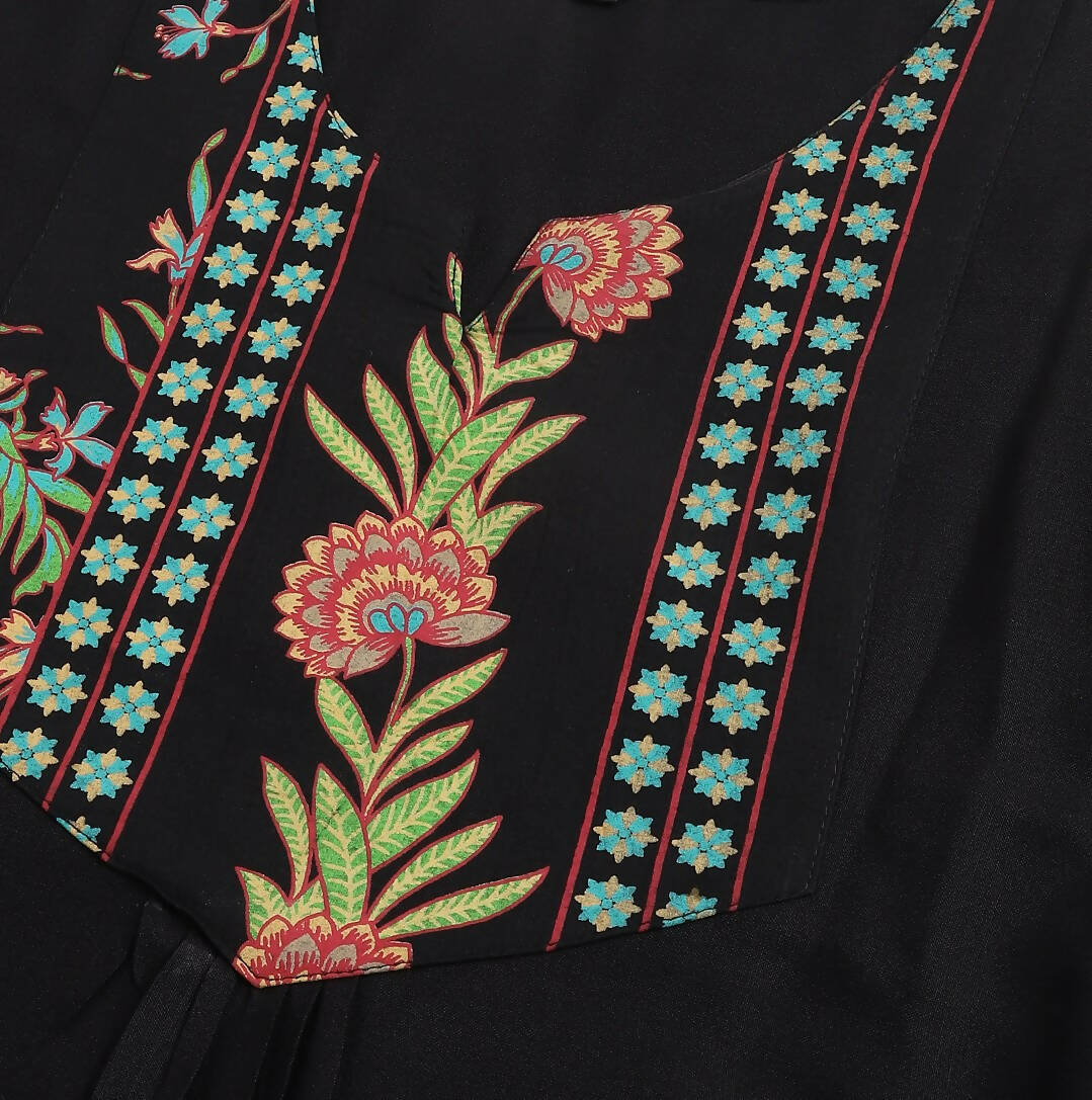 Black Poly Cotton Yoke Printed A-line Top - Bosky - Distacart