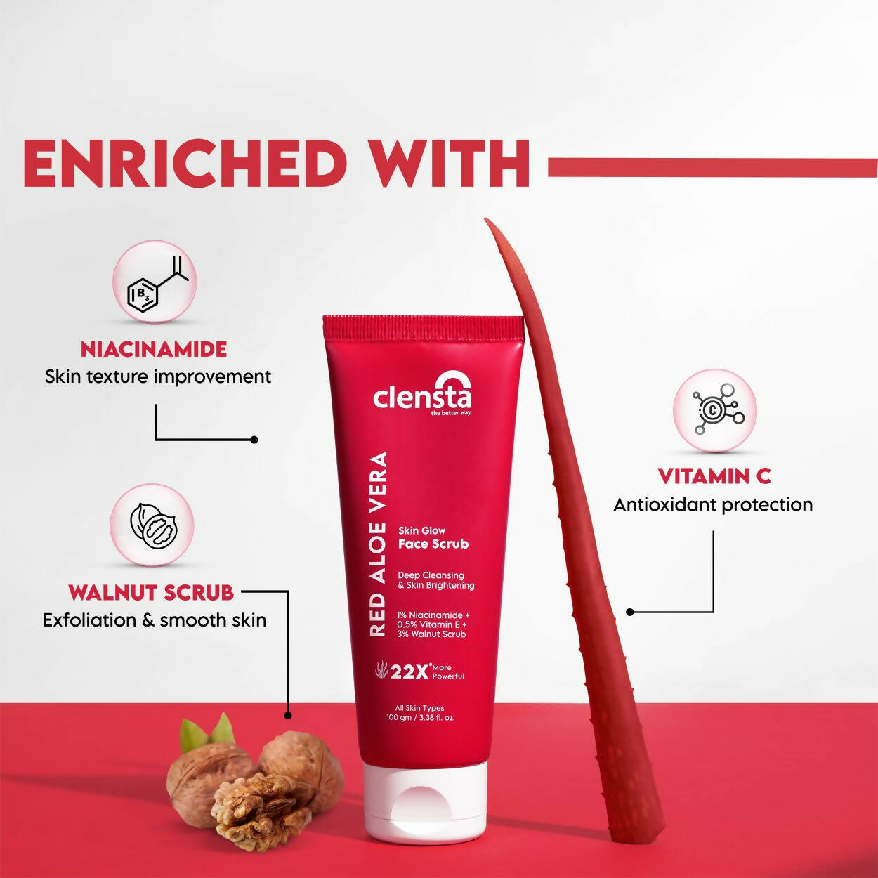 Clensta Red Aloe Vera Skin Glow Face Scrub - Distacart