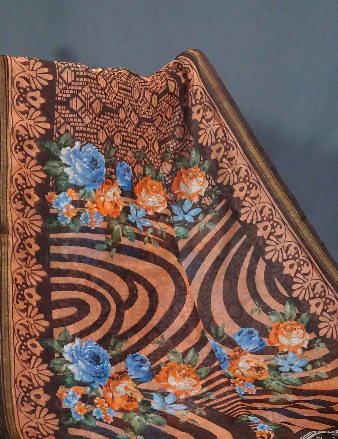 Shades Of Dark Coffee Brown With Floral Design Semi Chanderi Saree By Gayathri Reddy Designer Studio - Distacart