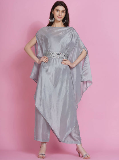 Women Republic Grey Opara Silk Kurta With Belt And Palazzo - Distacart
