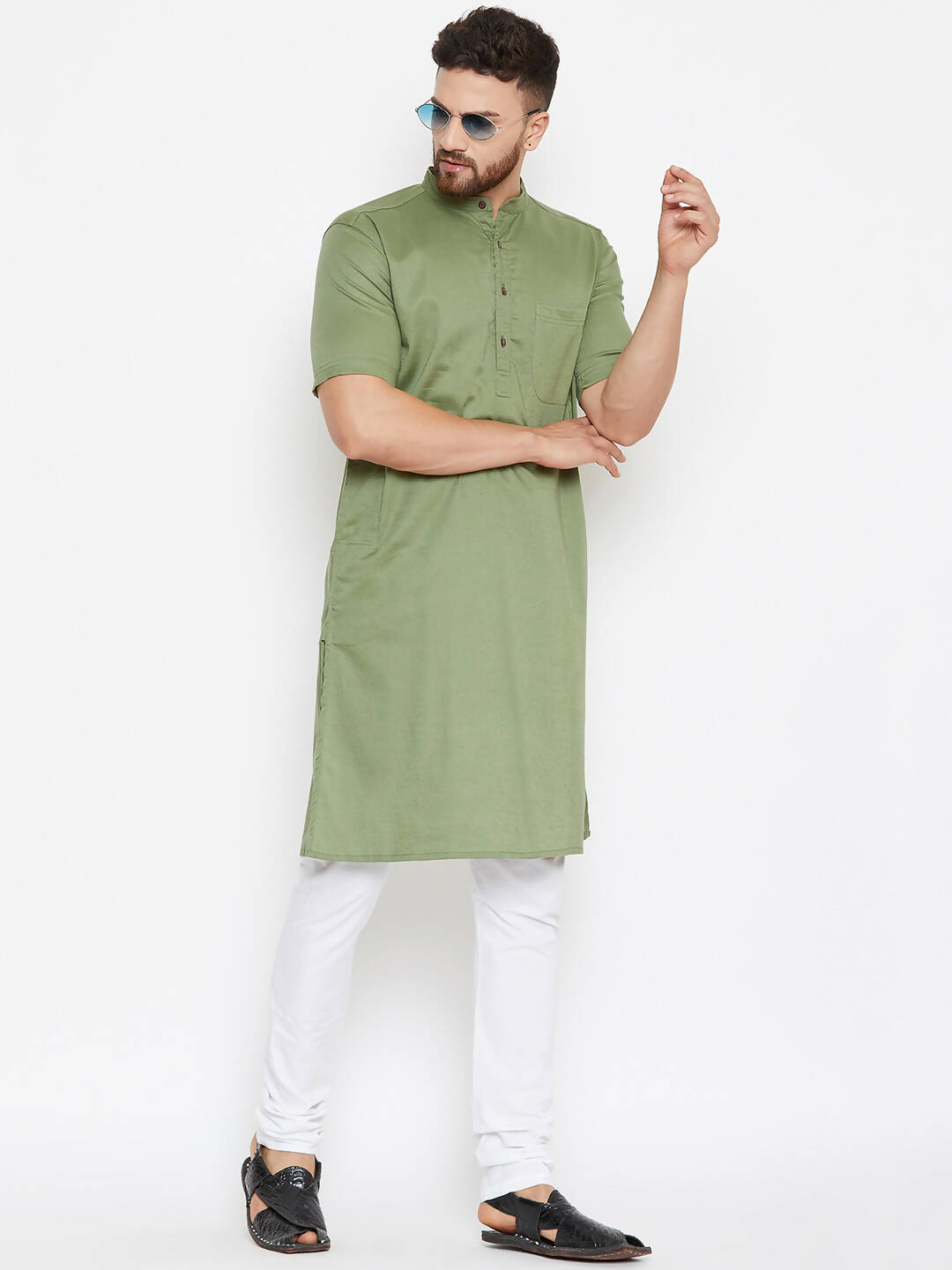 Even Apparels Green Color Pure Cotton Men's Kurta With Band Collar - Distacart