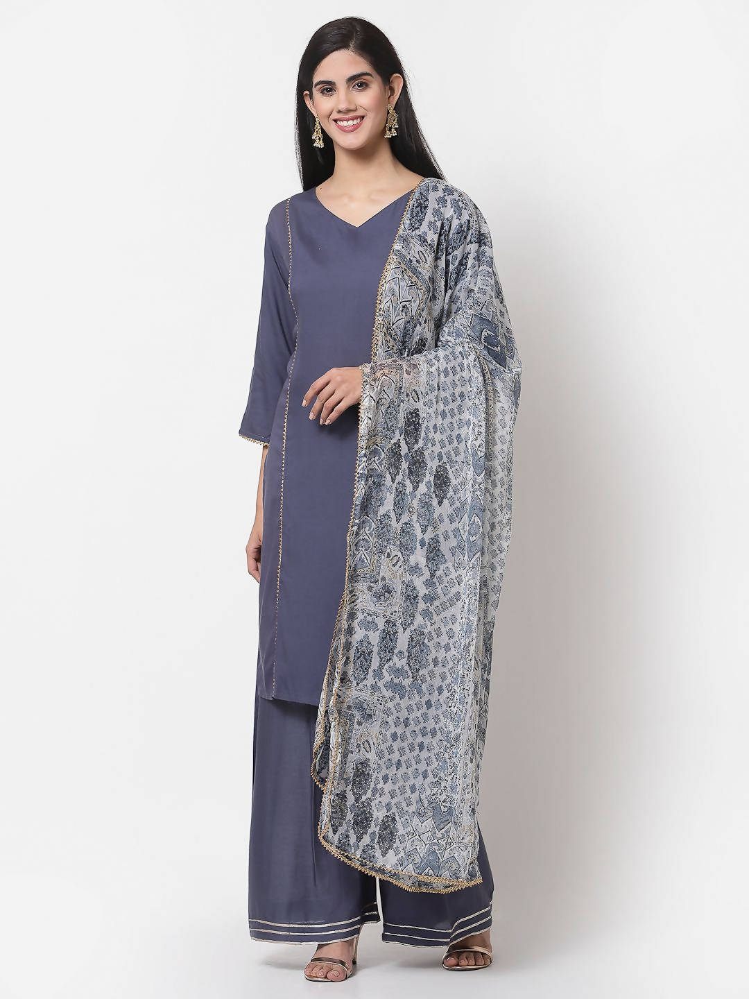 Myshka Women's Grey Viscose Solid 3/4 Sleeve V Neck Casual Kurta Palazzo Dupatta Set