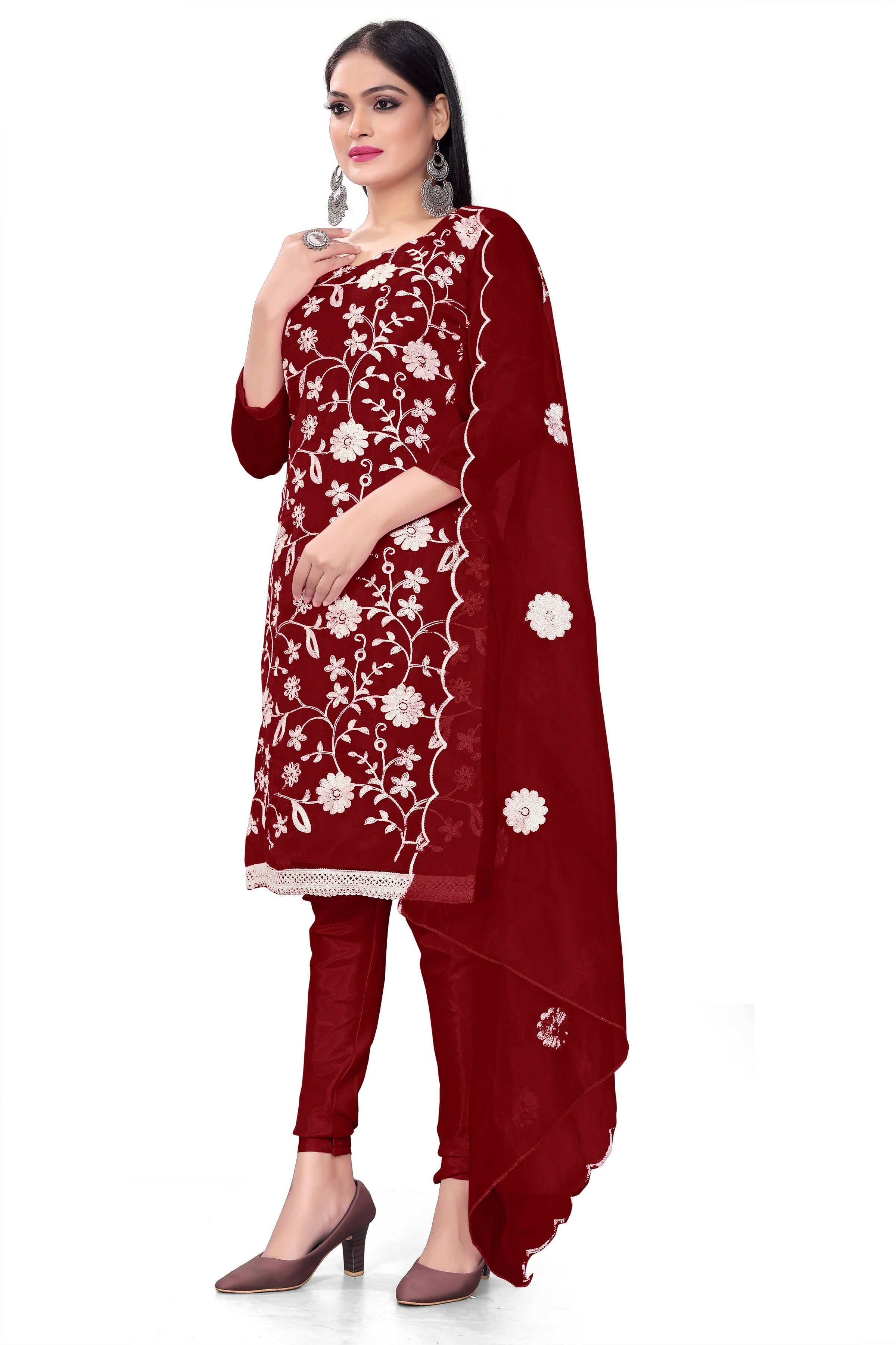 Maroon Organza Silk Embroidered Work Unstitched Dress Material - Tanvi - Distacart