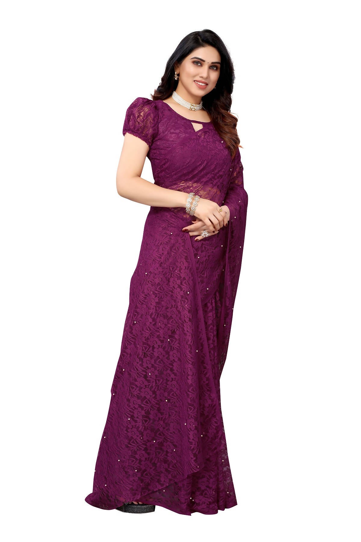 Vamika Ethnic Fire Purple Pearls Net Saree - Distacart