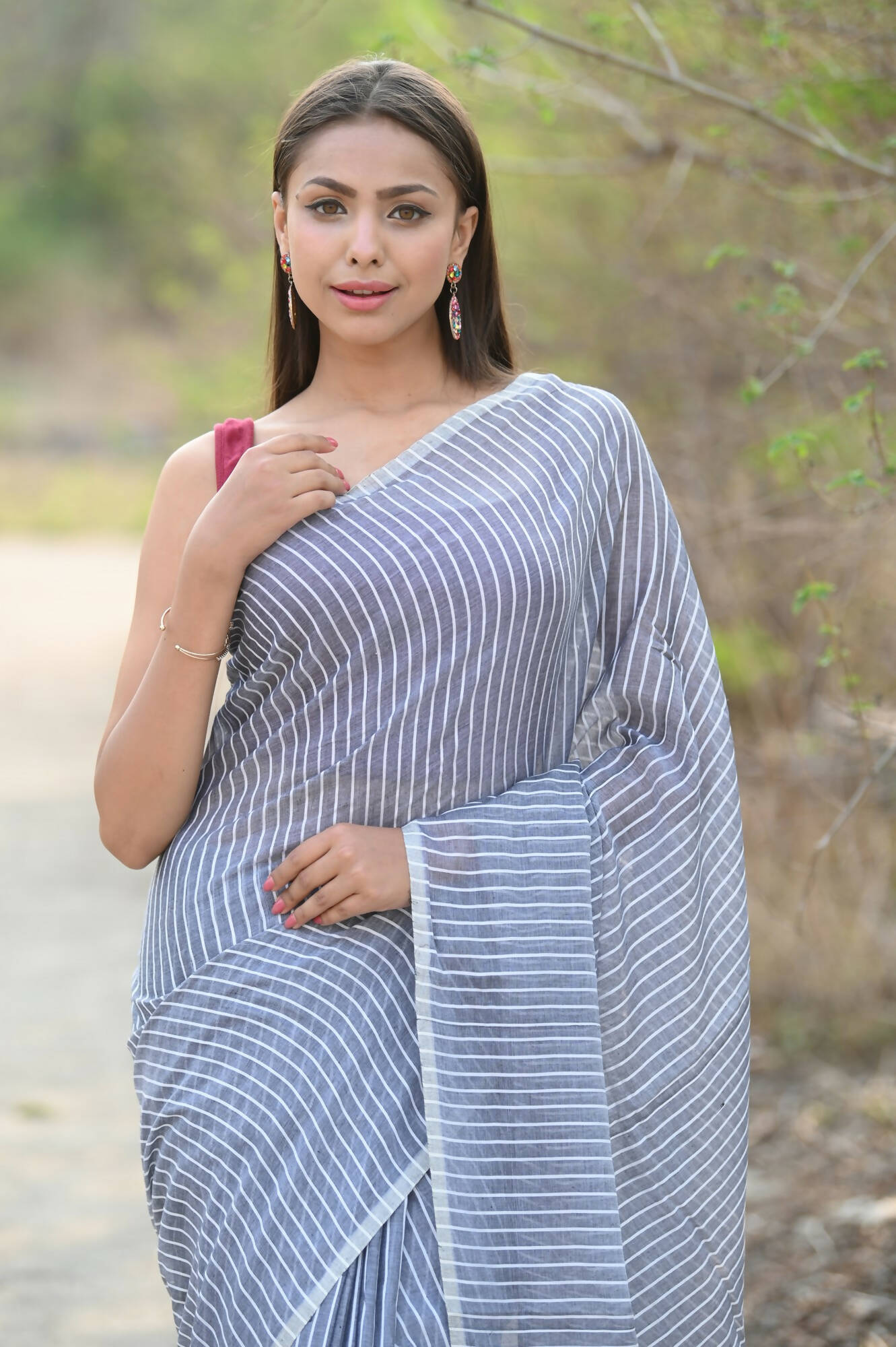 Very Much Indian Designer Pure Cotton Saree With All Over Linear Stripes - Sage Grey - Distacart