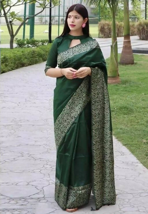 DEIANA'S Beautiful Golden Jari with New Design Soft Lichi Silk Saree - Green - Distacart