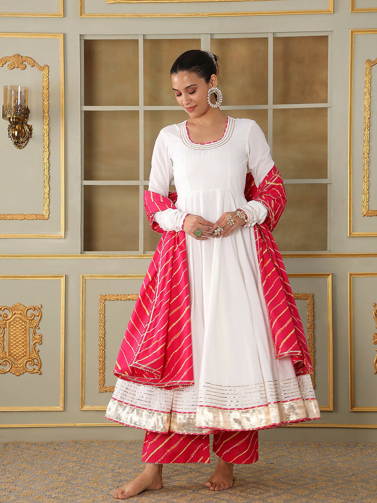 Pomcha Jaipur White Saadgi Pink Leheriya White Anarkali Set - Distacart