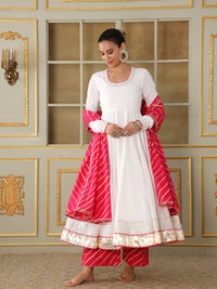 Thumbnail for Pomcha Jaipur White Saadgi Pink Leheriya White Anarkali Set - Distacart