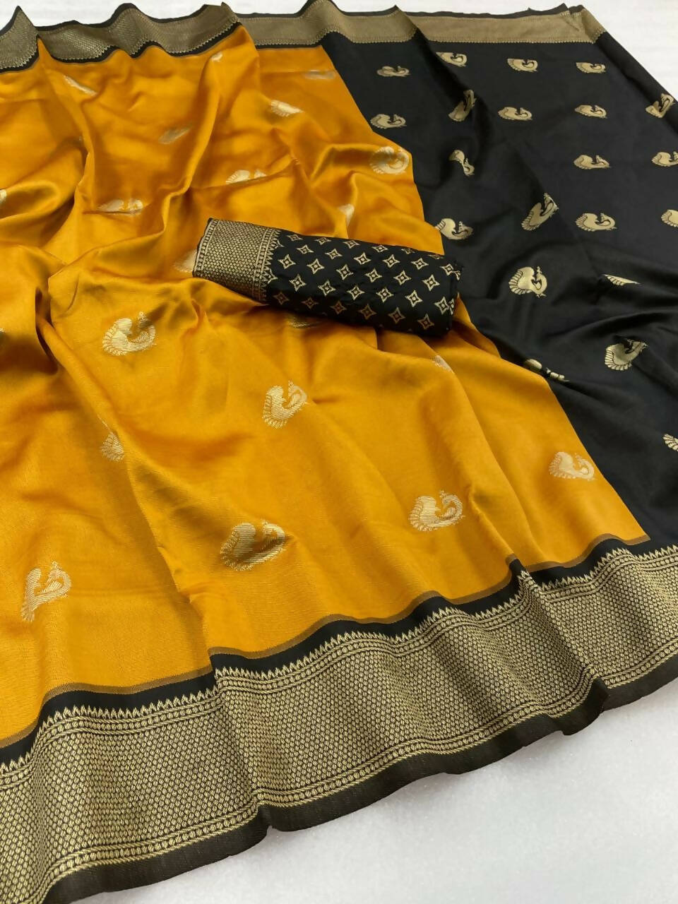 DEIANA'S Beautiful Golden Jari with New Design Soft Lichi Silk Saree - Yellow - Distacart