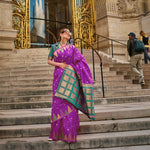 Thumbnail for Mulberry Purple Handloom Khaddi Silk Saree With Contrast Pallu & Blouse - Rajtex Khwaab Silk - Distacart