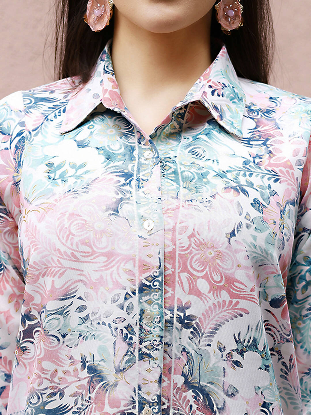 Blue & Pink Rayon Floral Printed Top with Matching Bottom - Eesha - Distacart