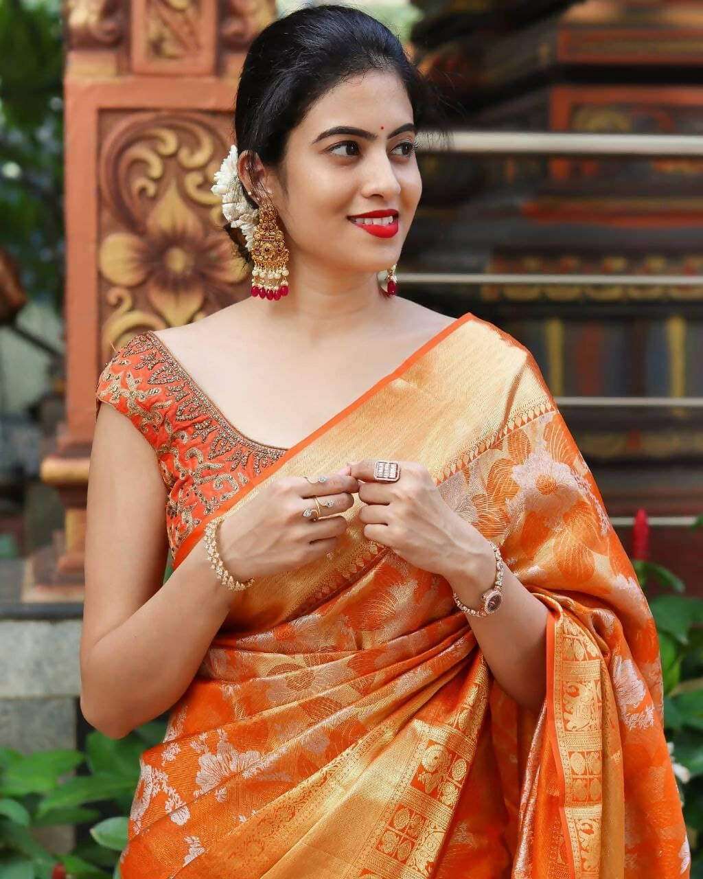 DEIANA'S Beautiful Golden Jari with New Design Soft Lichi Silk Saree - Orange - Distacart
