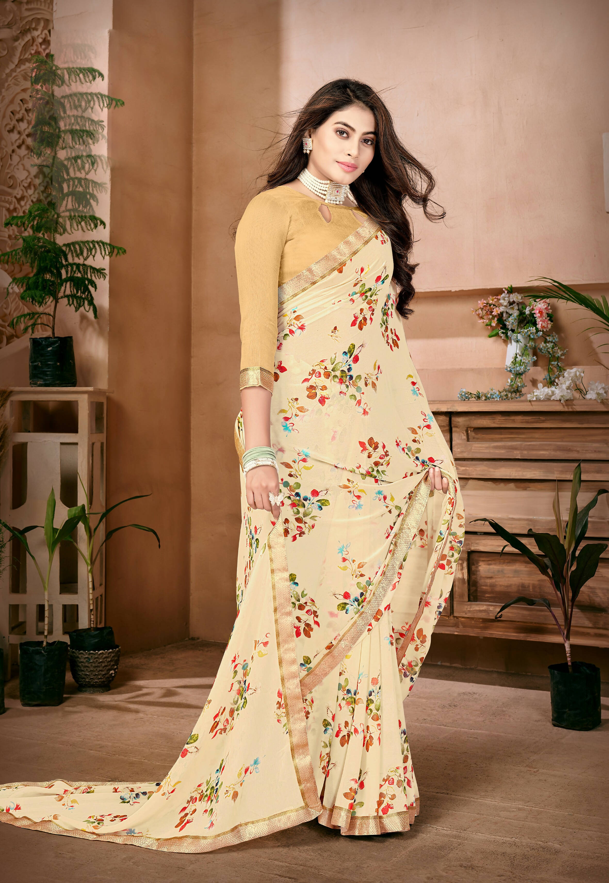 Cream Georgette Floral Printed Saree With Unstitched Blouse Piece - Jyoti - Distacart