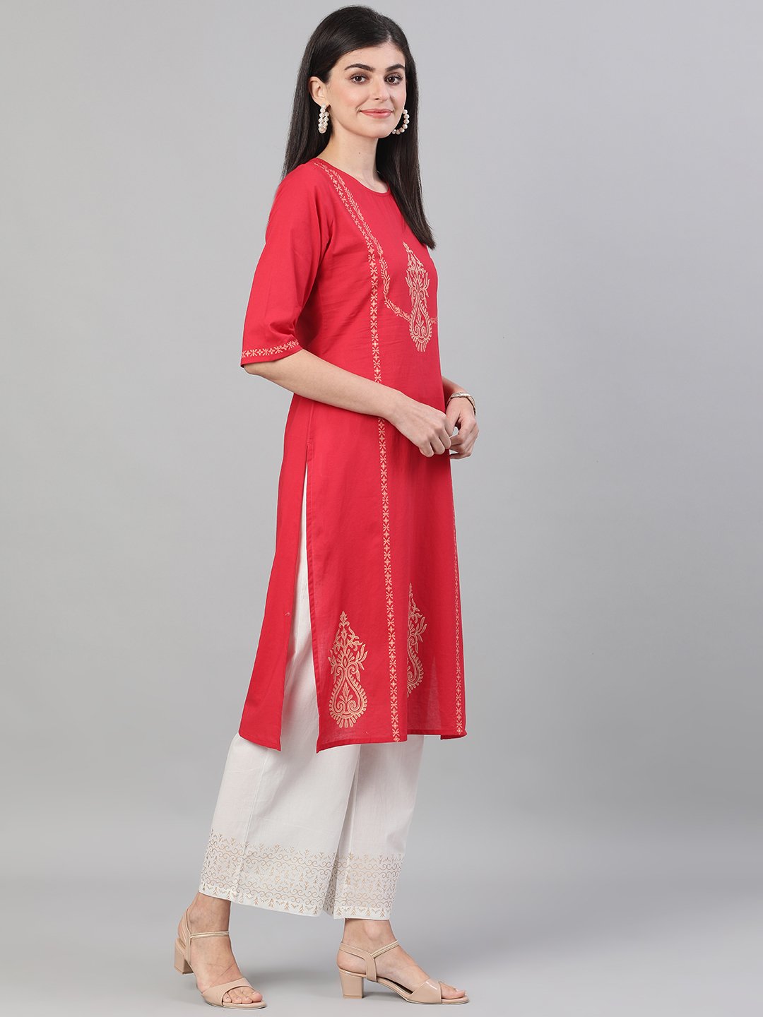 Buy Off White and Red Printed Designer Palazzo Salwar Kameez Online -