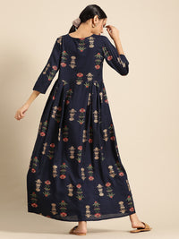 Thumbnail for NOZ2TOZ Womens Navy Blue Gold Printed Dress with Boat Neck & three quarter sleeves - Distacart