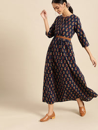 Thumbnail for NOZ2TOZ Womens Indigo Floral Printed Gathered Dress with Round Neck & Three quarters Sleeves - Distacart