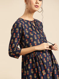 Thumbnail for NOZ2TOZ Womens Indigo Floral Printed Gathered Dress with Round Neck & Three quarters Sleeves - Distacart