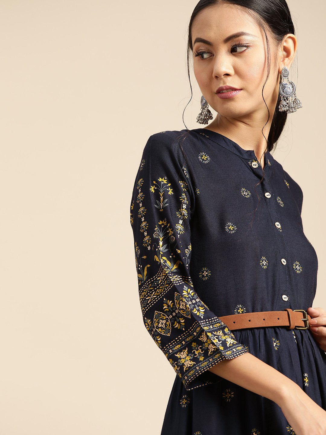 NOZ2TOZ Womens Navy Blue & Gold Ethinic Printed Dress With Mandarin Collar & Three Quarter Sleeves - Distacart