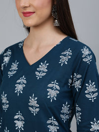 Thumbnail for Wahe-NOOR Women Teal Blue & Silver Printed Straight Kurta With Three Quarters Sleeves - Distacart